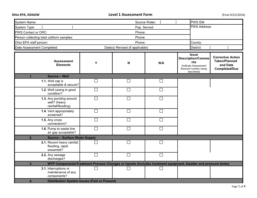 Ohio EPA, DDAGW Level 1 Assessment Form (Final 9/22/2016)