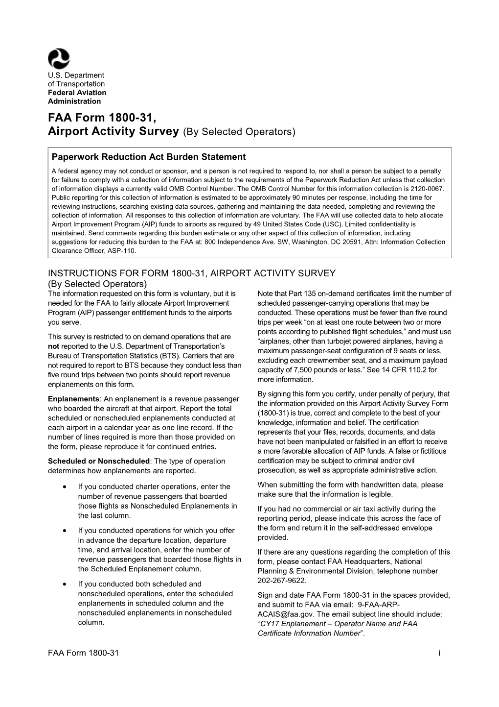 FAA Form 1800-31, Airport Activity Survey