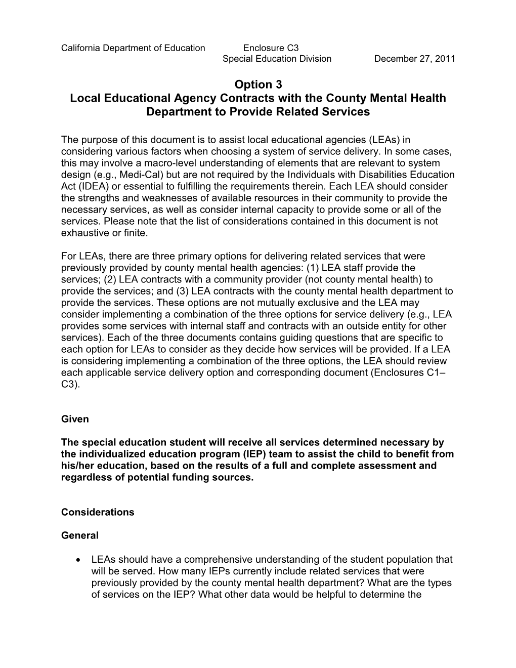 Option Three - Announcements & Current Issues (CA Dept of Education)