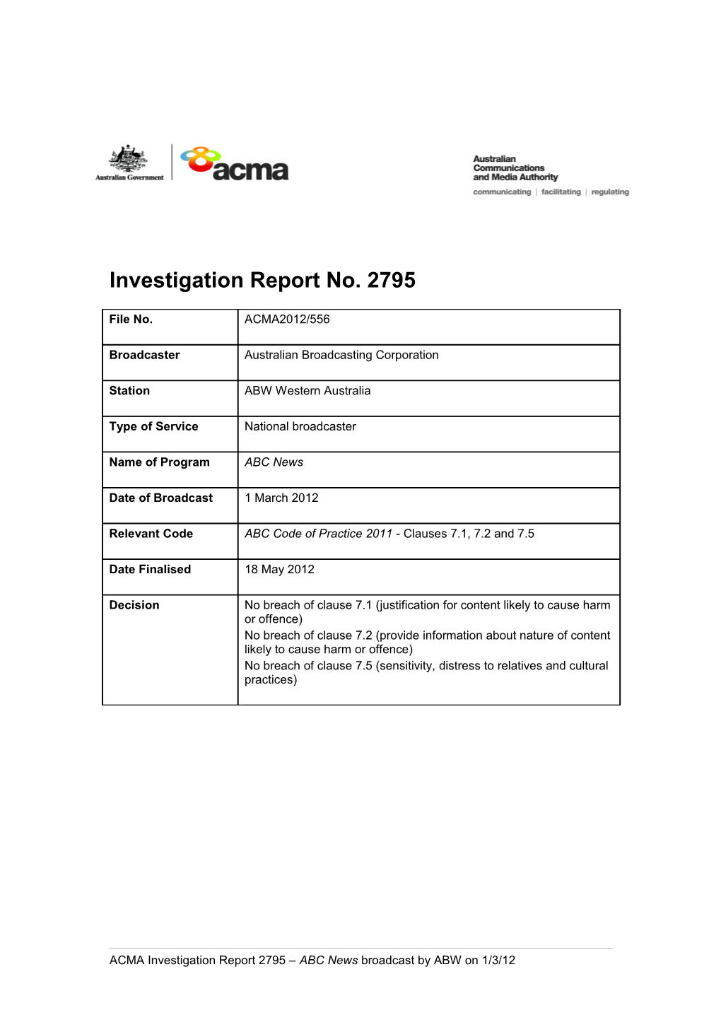 ABW (ABC WA) - ACMA Investigation Report 2795