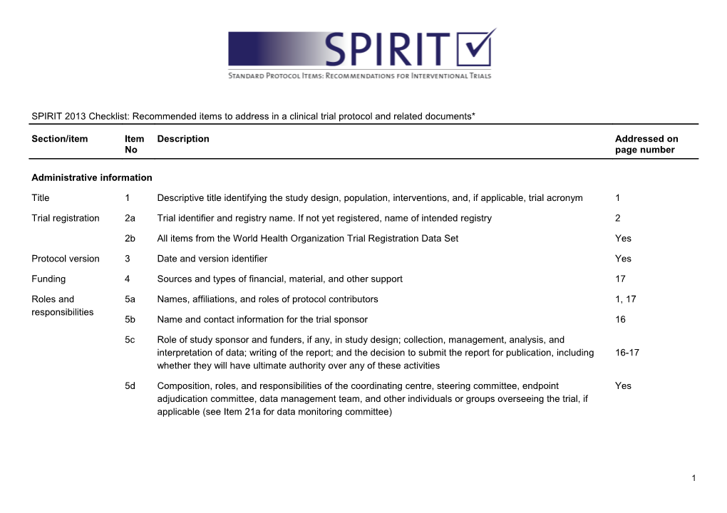 Table 1 SPIRIT 2013 Checklist: Recommended Items to Address in a Clinical Trial Protocol s5