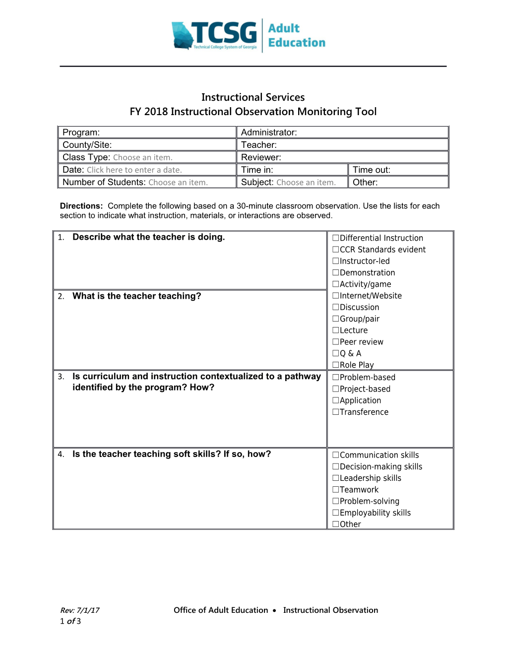 FY 2018 Instructional Observation Monitoring Tool