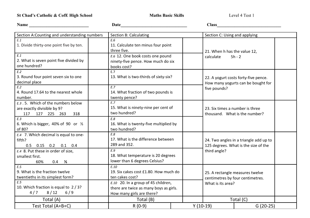 St Chad S Catholic & Cofe High Schoolmaths Basic Skills Level 4 Test 1