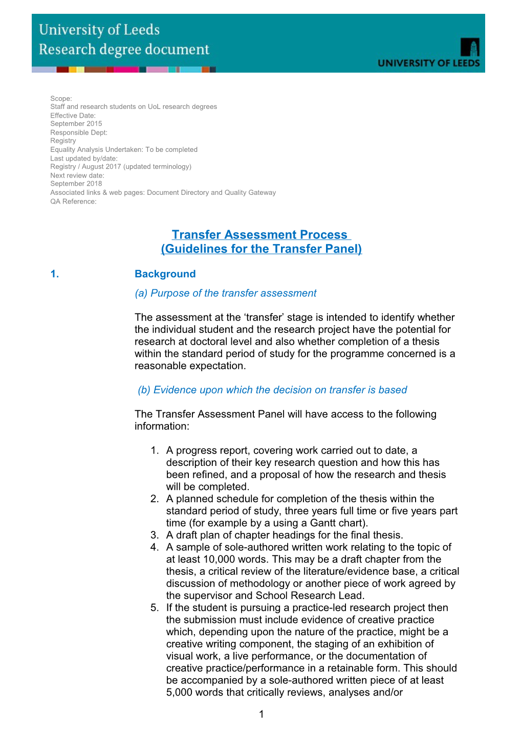 Guidelines for the Transfer Panel