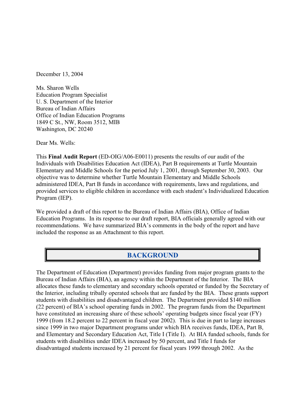 The Individuals with Disabilities Education Act (IDEA), Part B Requirements at Turtle Mountain