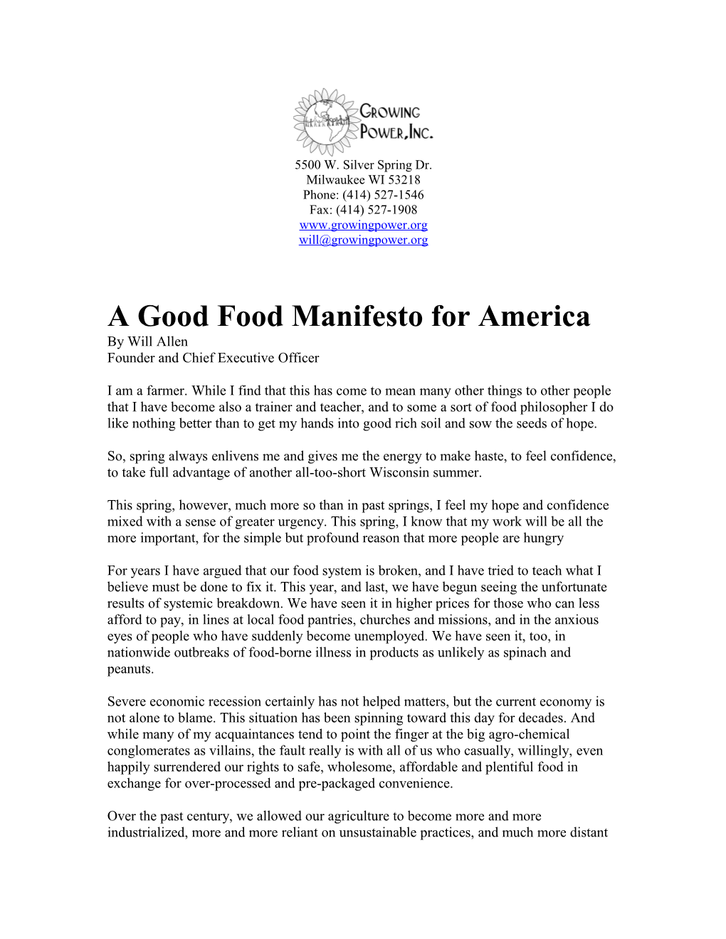 A Good Food Manifesto for America
