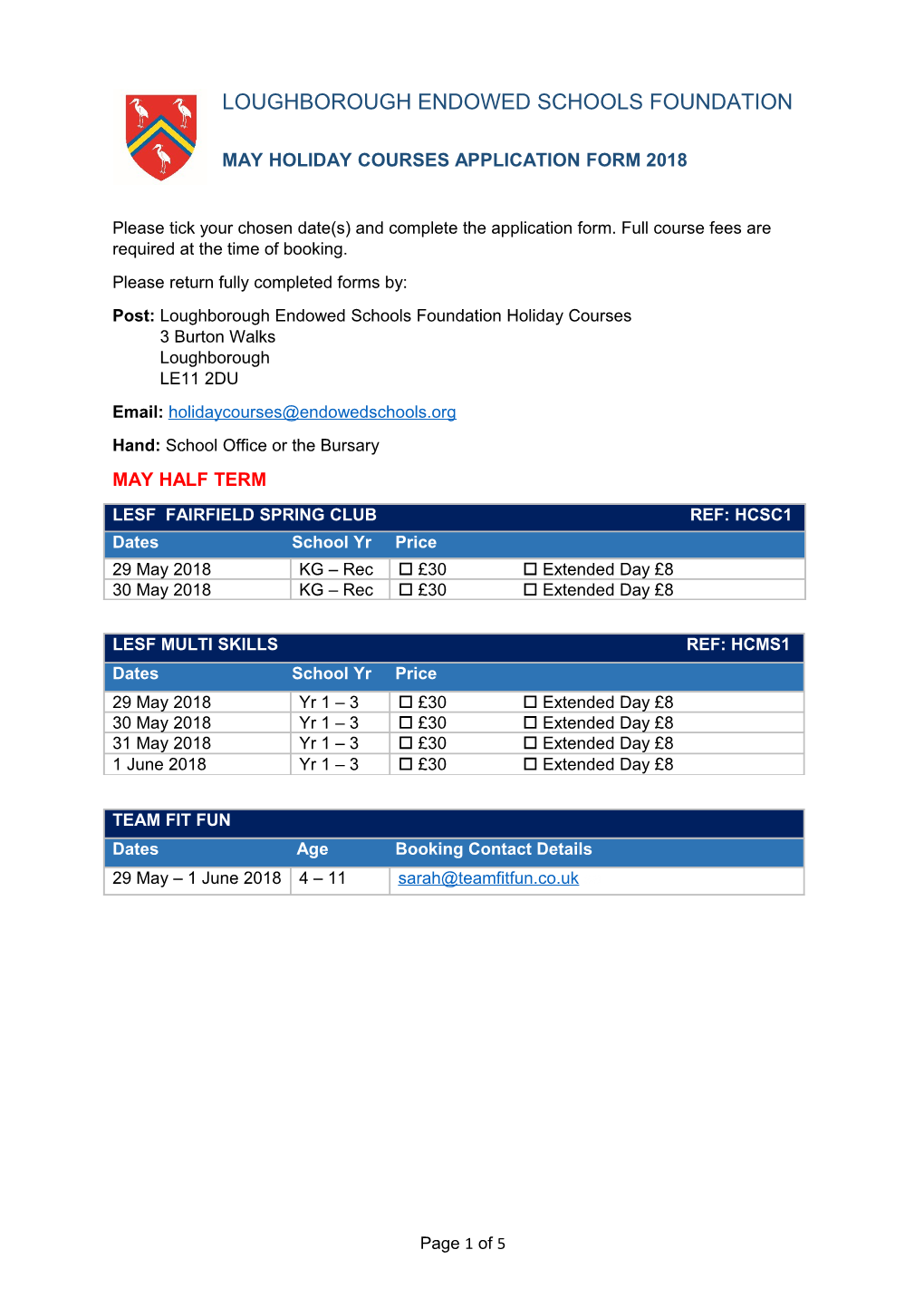 May Holiday Coursesapplication Form 2018