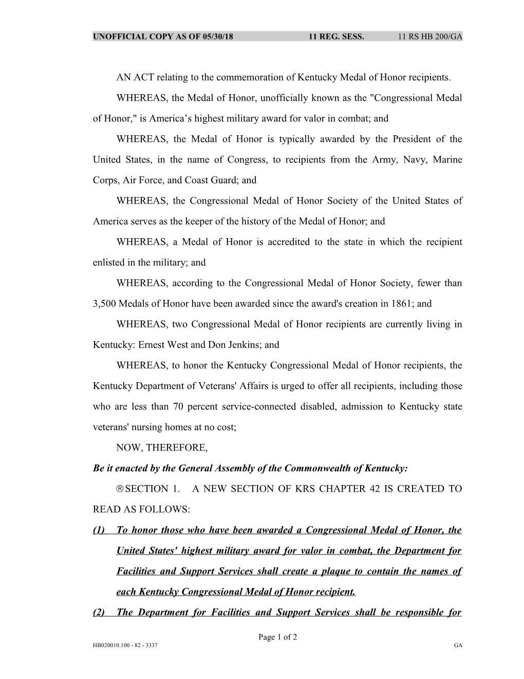 AN ACT Relating to the Commemoration of Kentucky Medal of Honor Recipients