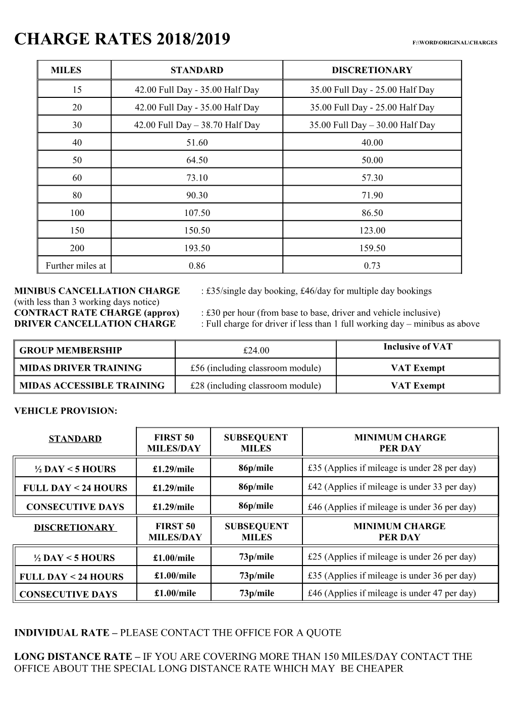 MINIBUS CANCELLATION CHARGE : 35/Single Day Booking, 46/Day for Multiple Day Bookings