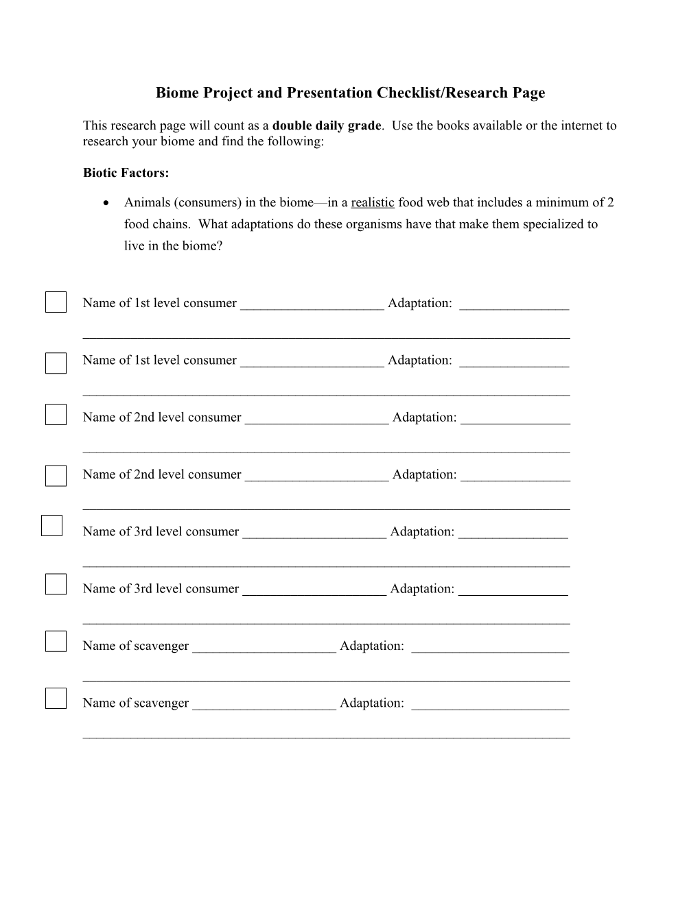 Biome Project and Presentation Checklist/Research Page