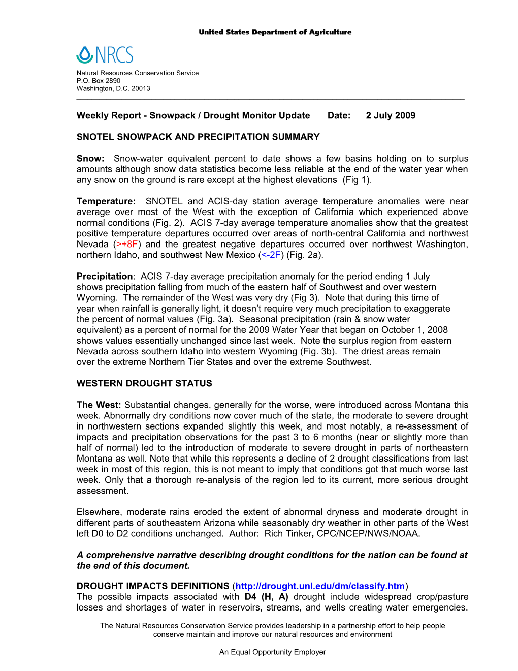 Weekly Report Drought Monitor / Snowpack Update s2