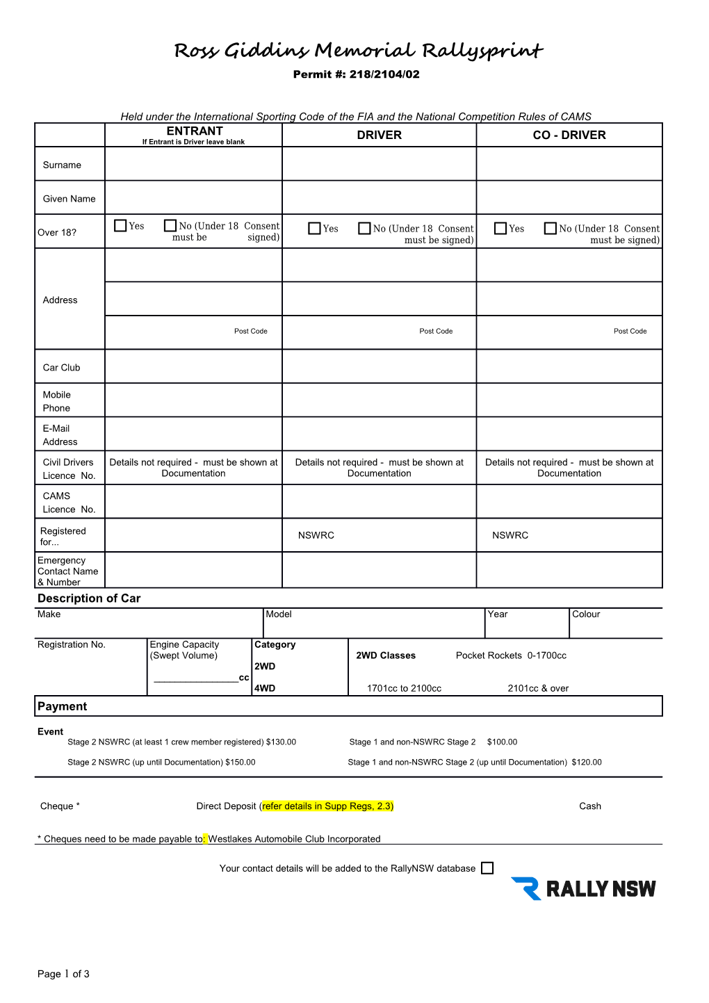 Caltex Airport Starmart Rally - Entry Form