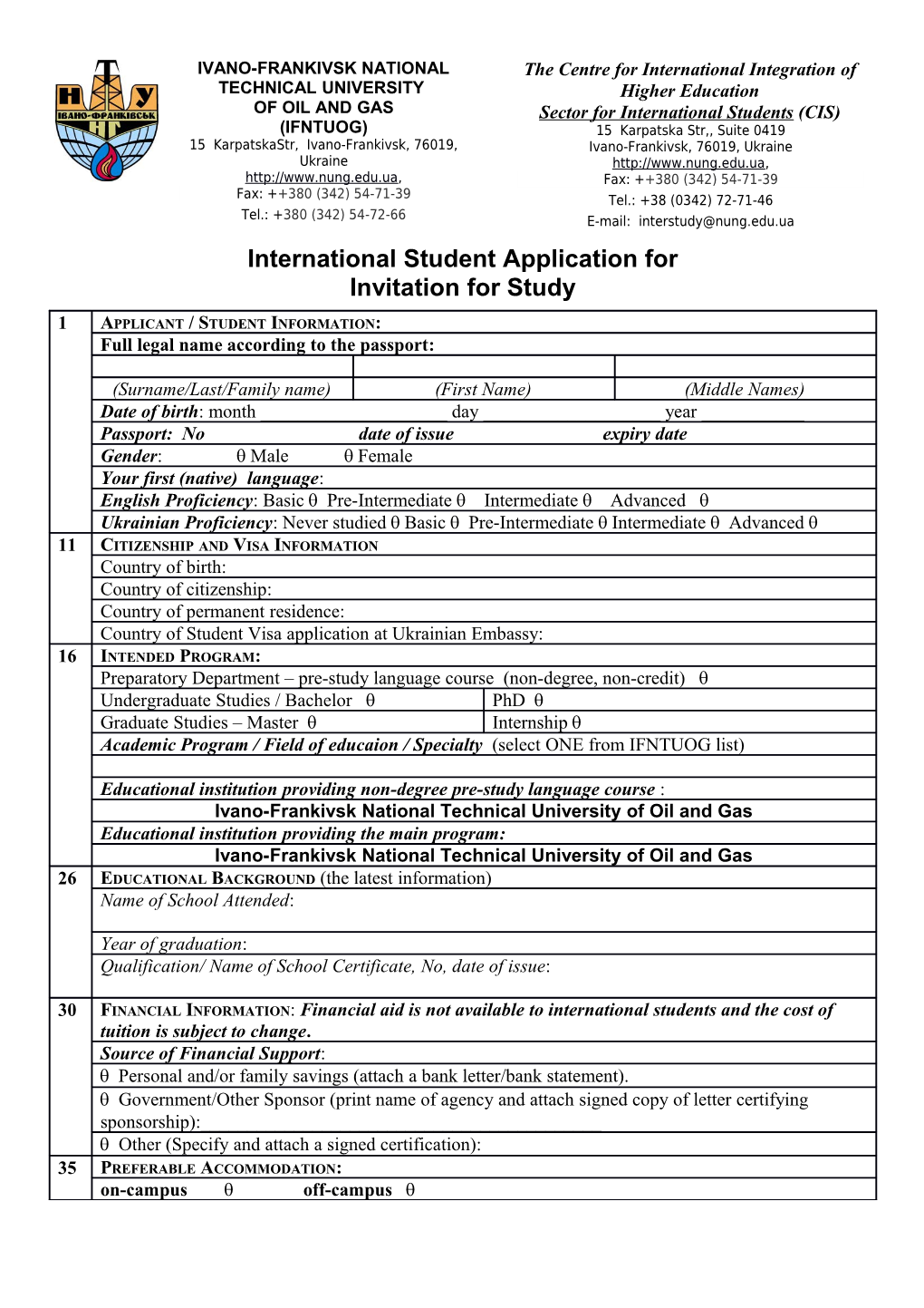 International Student Application For