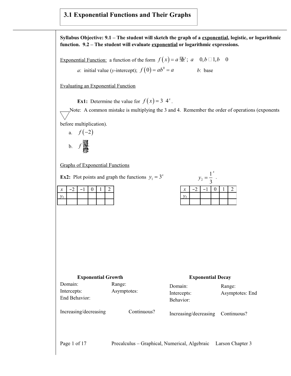 Syllabus Objective: 9.1 the Student Will Sketch the Graph of a Exponential, Logistic