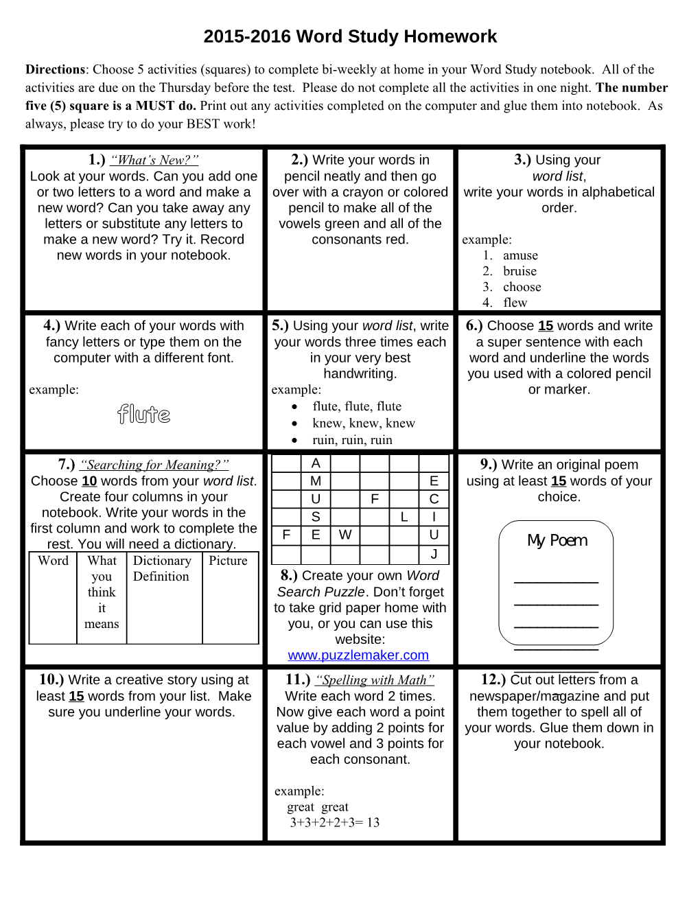 Word Study Homework