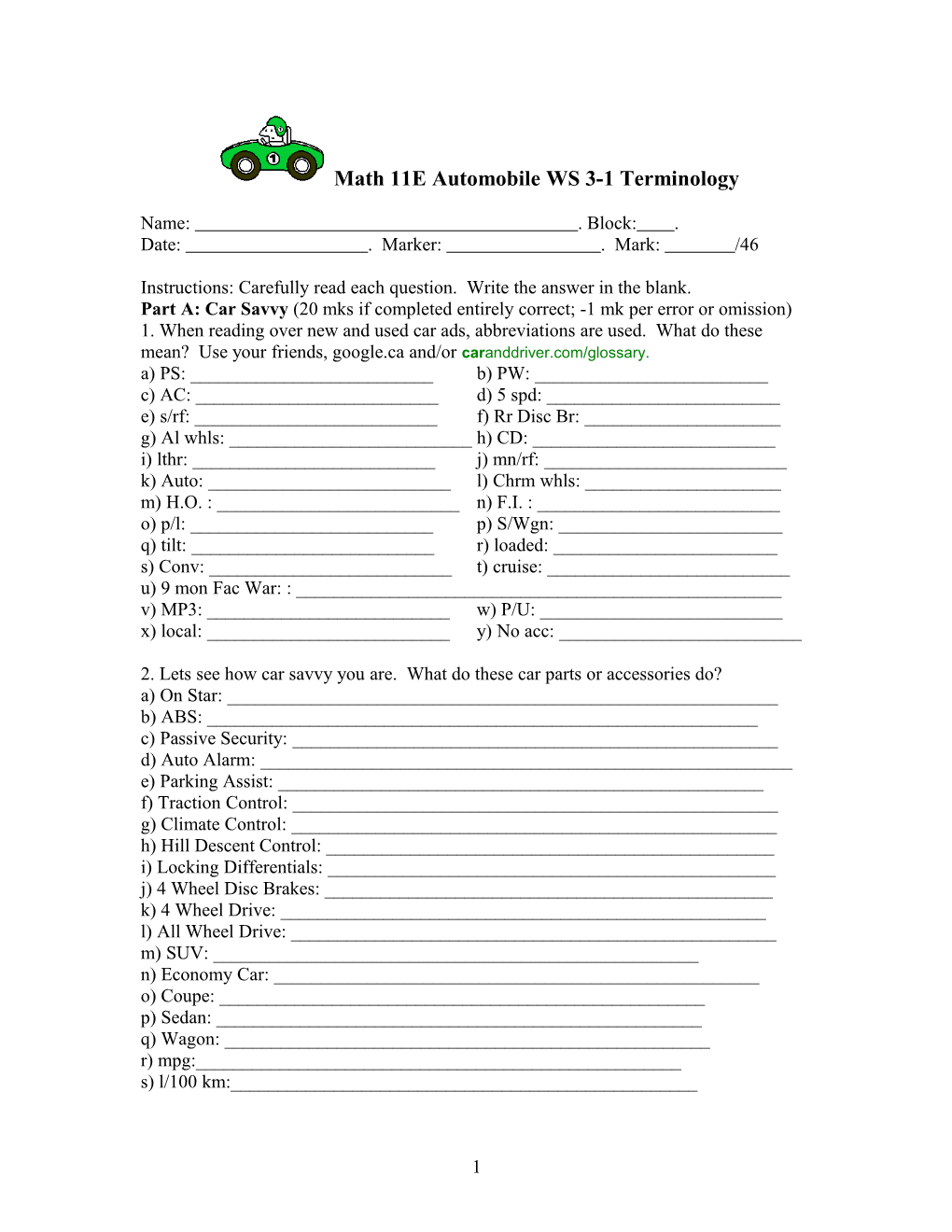 Math 11E Automobile WS 1 Terminology