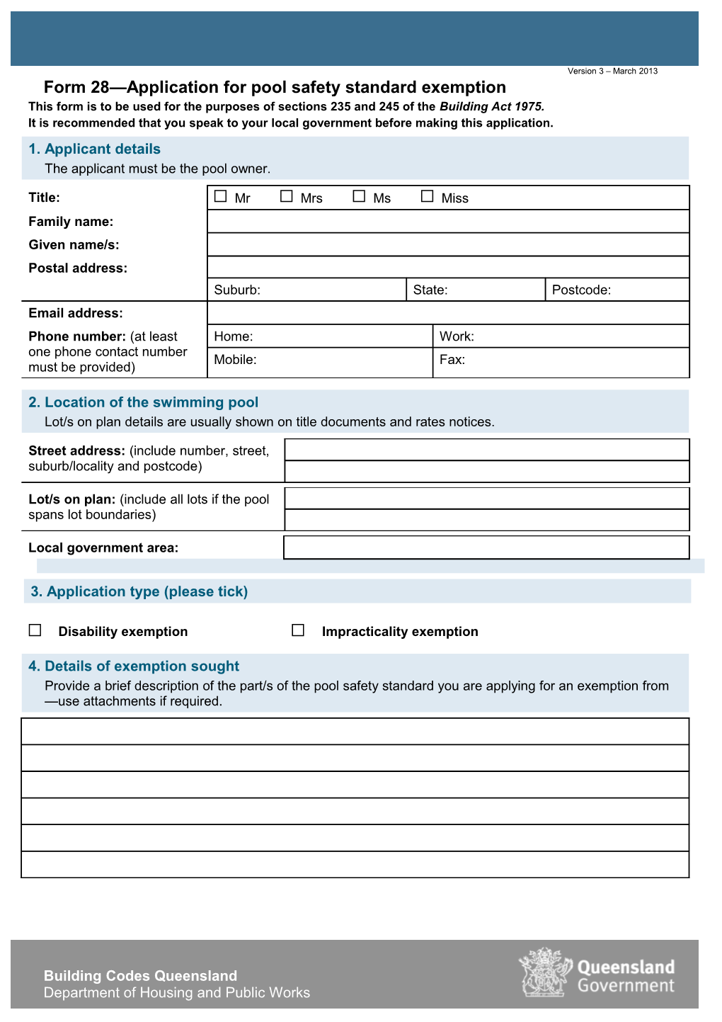 Form 28 Application for Pool Safety Standard Exemption