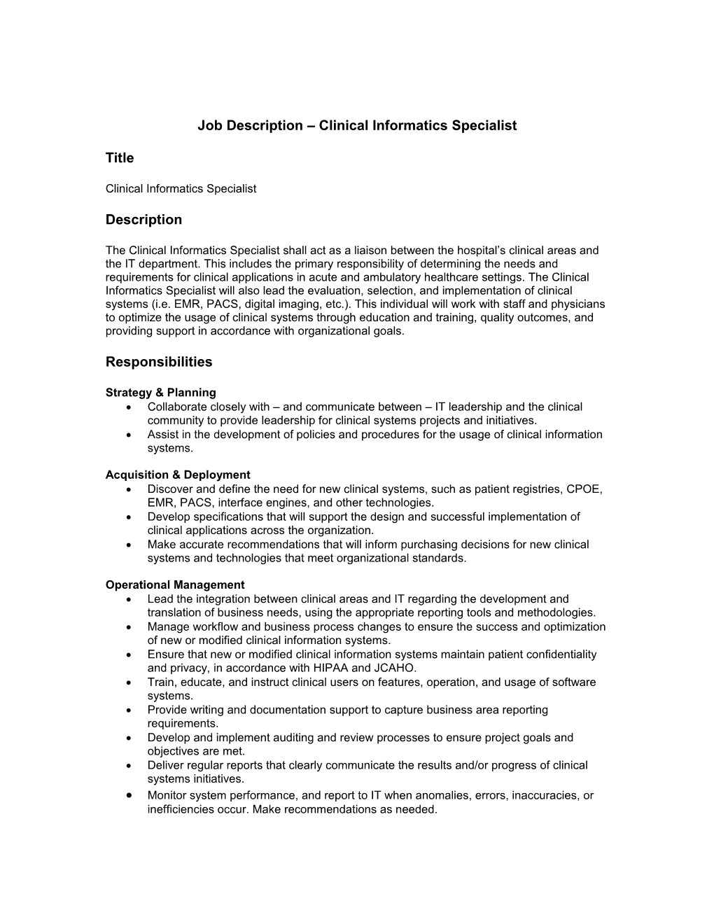 Job Description Clinical Informatics Specialist