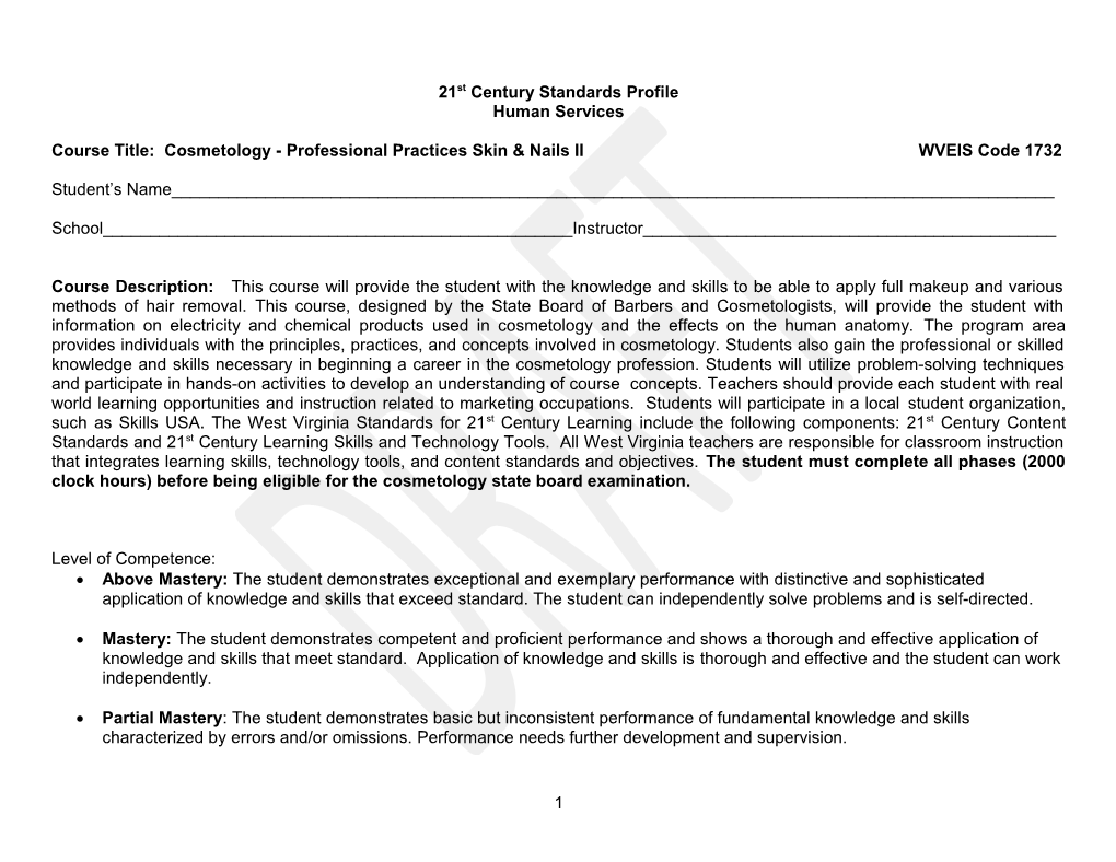 Course Title: Cosmetology - Professional Practices Skin & Nails II WVEIS Code 1732