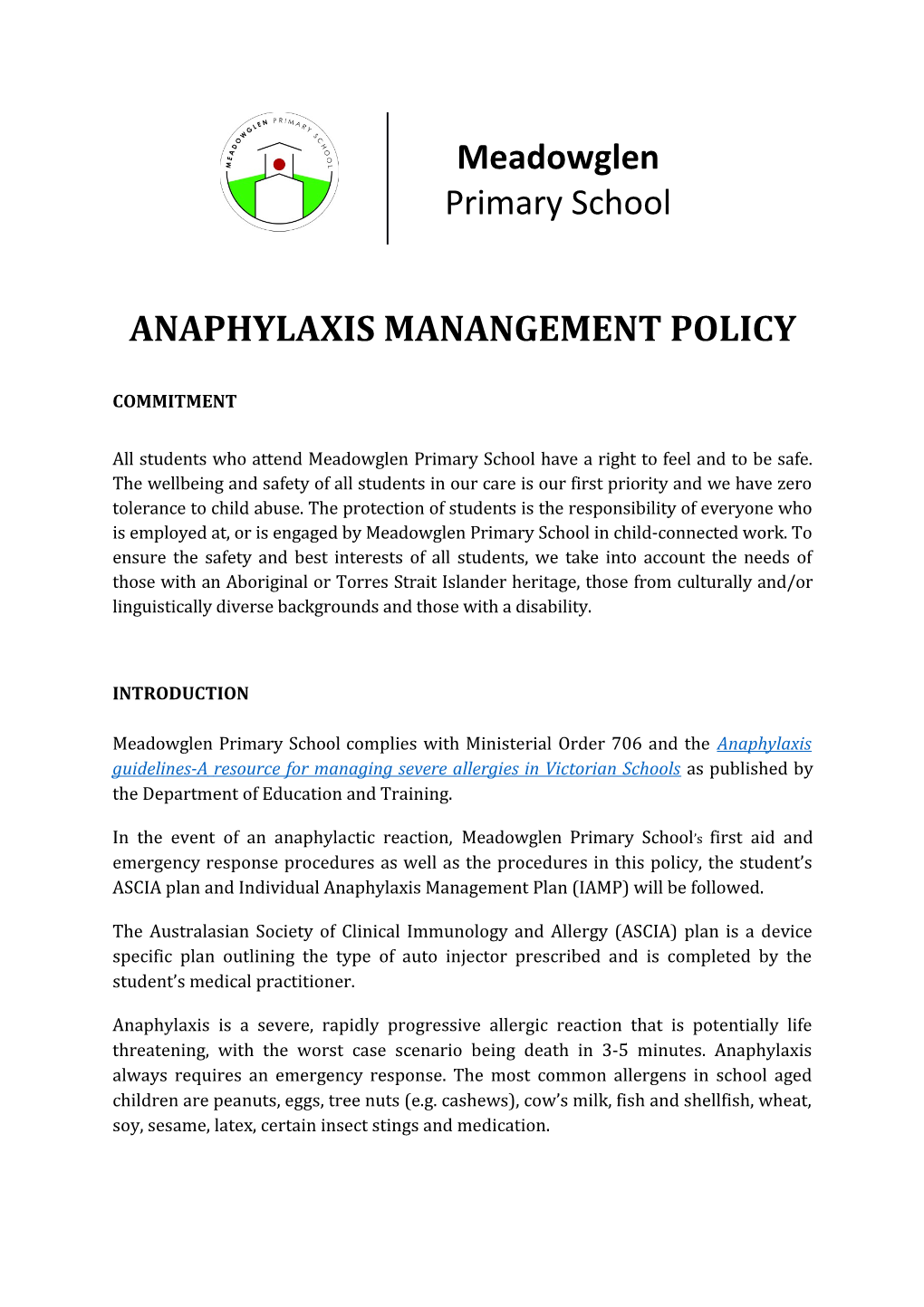 Anaphylaxis Manangement Policy