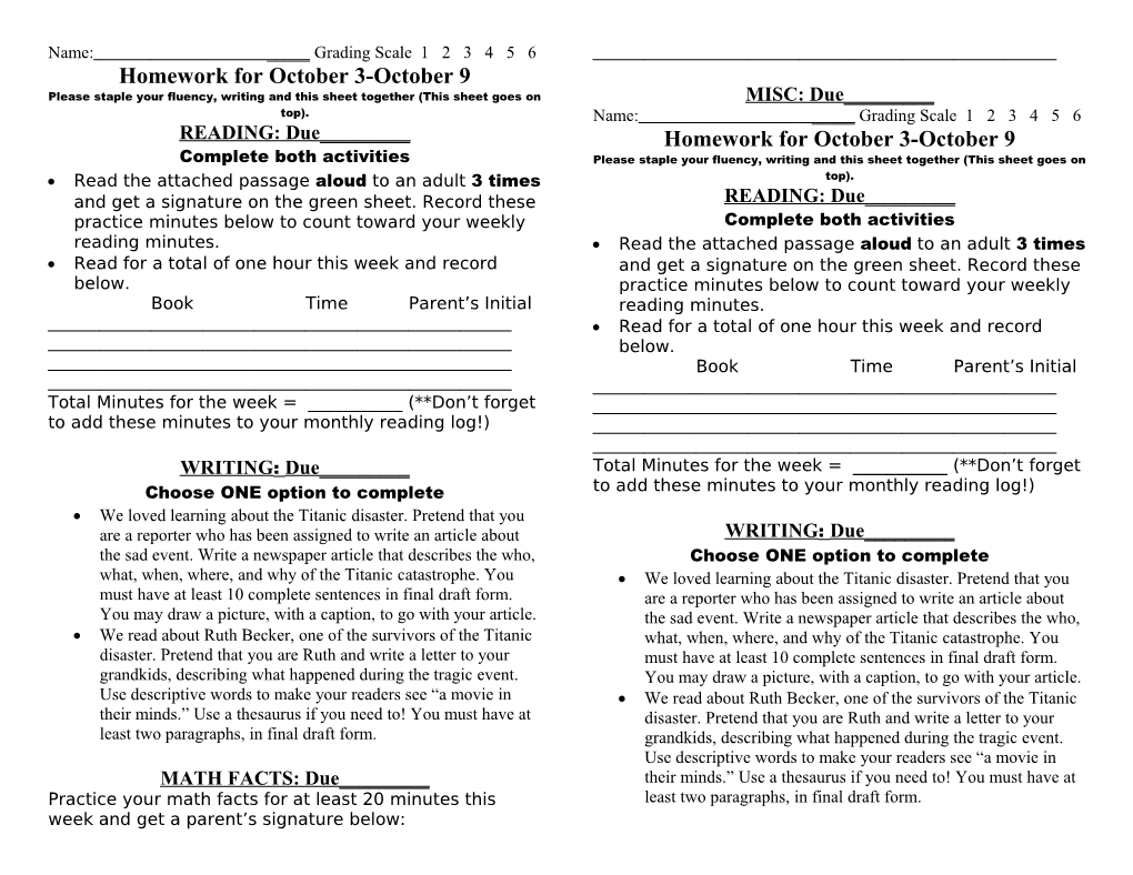 Please Staple Your Fluency, Writing and This Sheet Together (This Sheet Goes on Top)