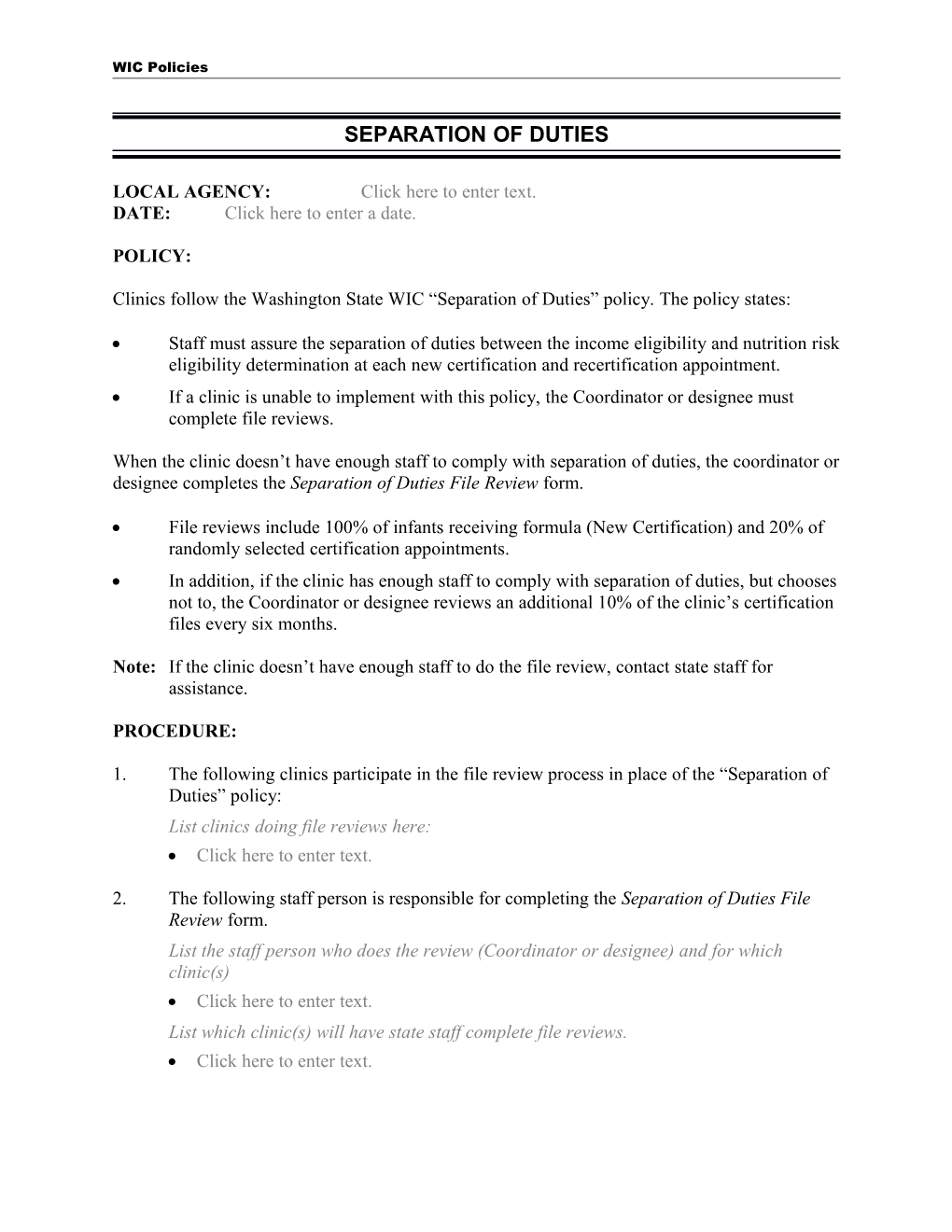 Local Agency Separation of Duties Policy Template