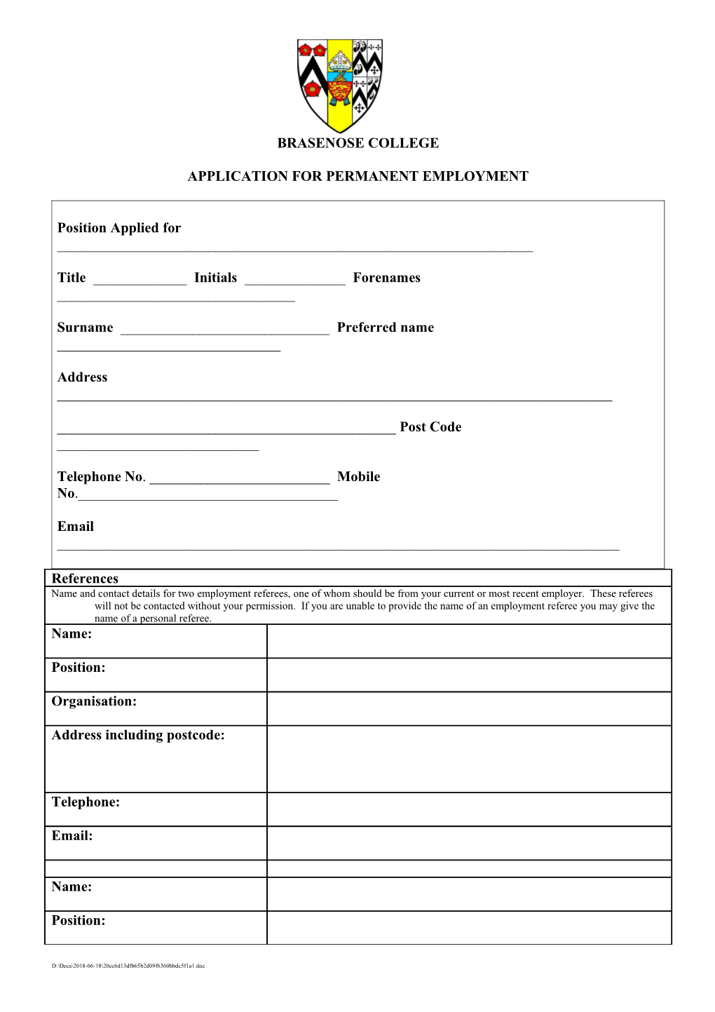 Application for Permanent Employment