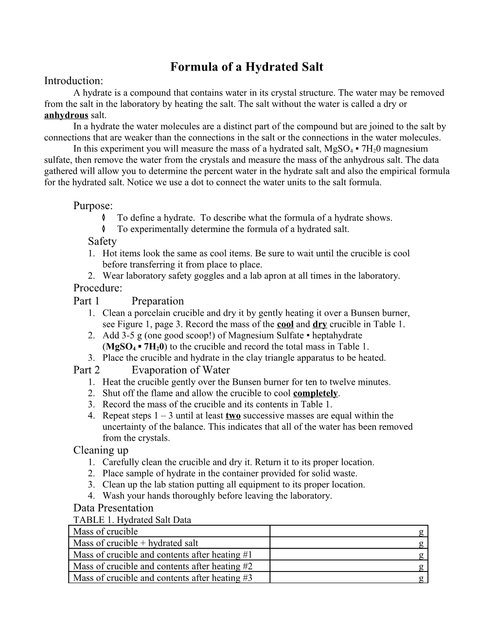 Formula of a Hydrated Salt