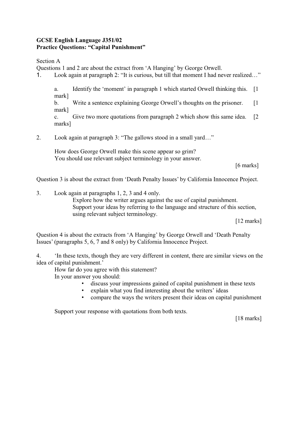 GCSE English Language J351/02 Practice Questions: Capital Punishment