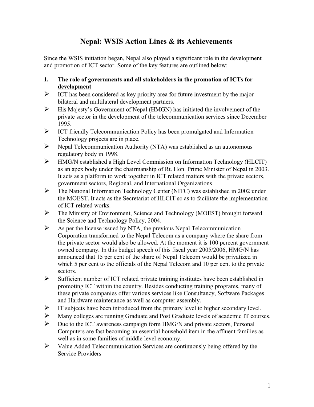 Achievements on WSIS Action Lines