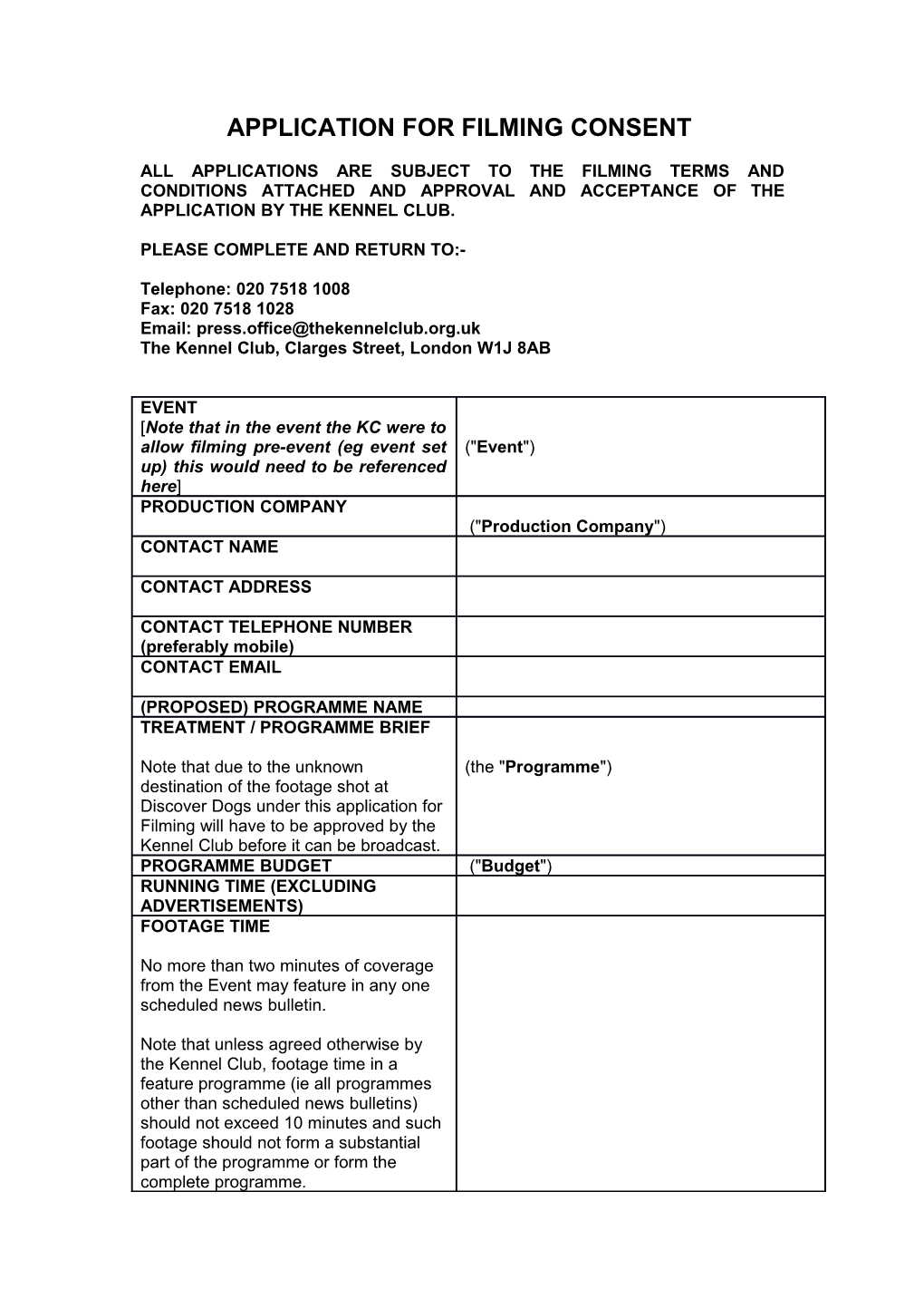 Application for Filming Consent