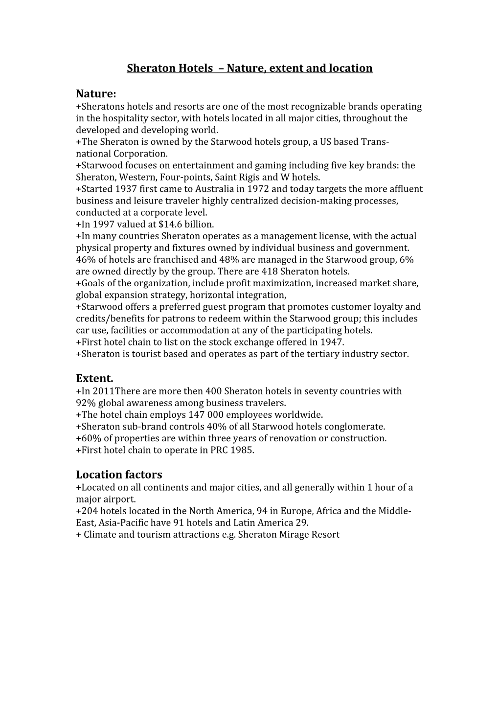 Sheraton Hotels Nature, Extent and Location