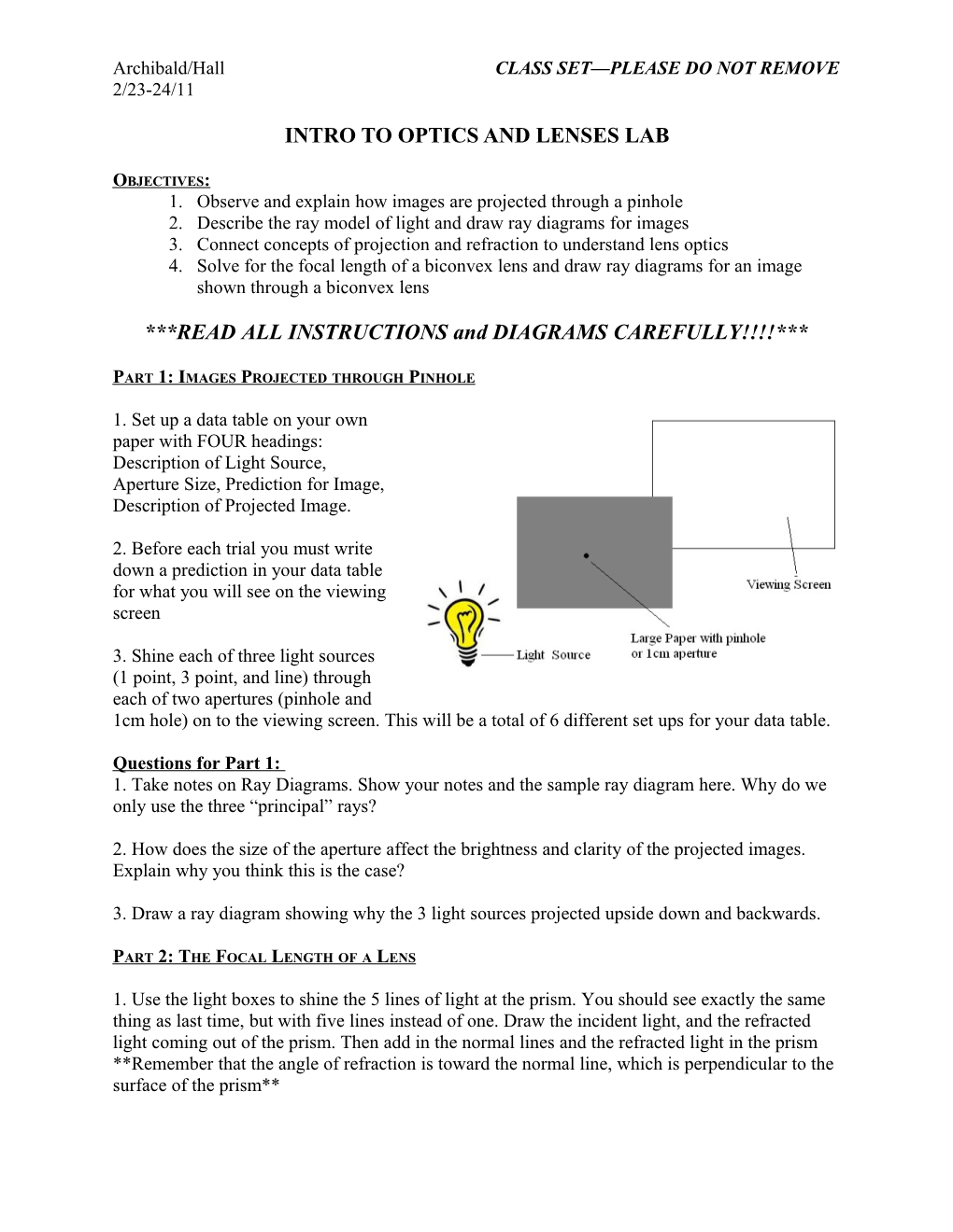 Intro to Optics and Lenses Lab