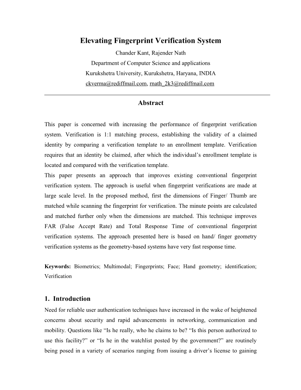 Optimizing the Response Time of Fingerprint Verification System