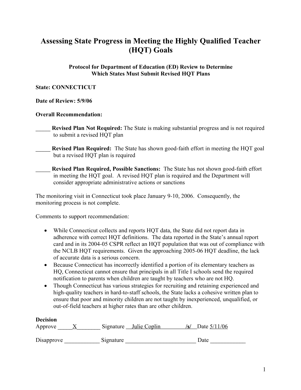 Assessing State Progress in Meeting the Highly Qualified Teacher (HQT) Goals - Connecticut