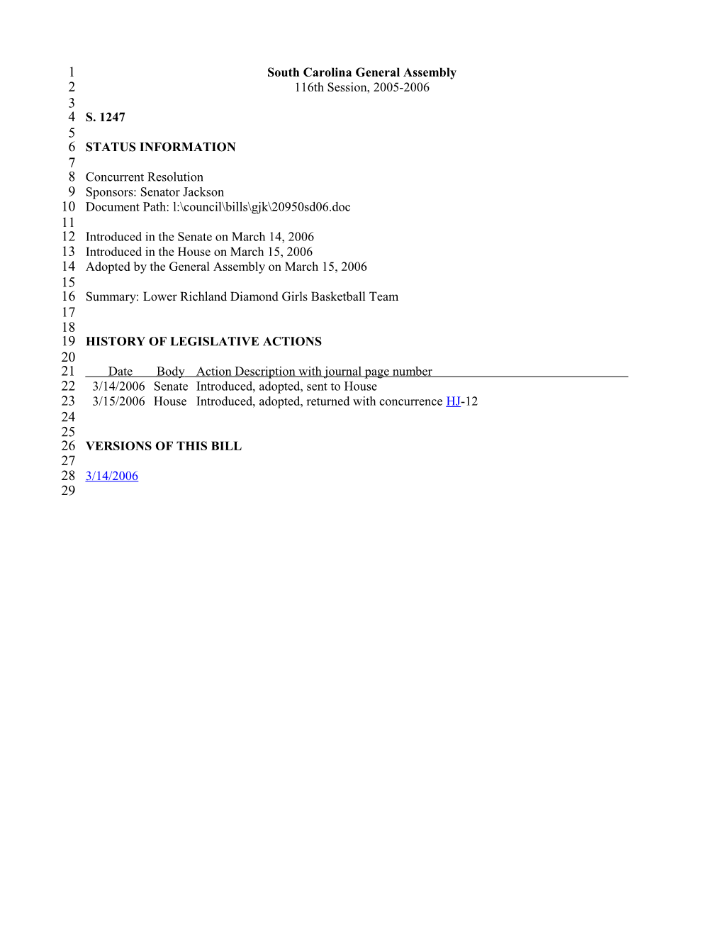 2005-2006 Bill 1247: Lower Richland Diamond Girls Basketball Team - South Carolina Legislature