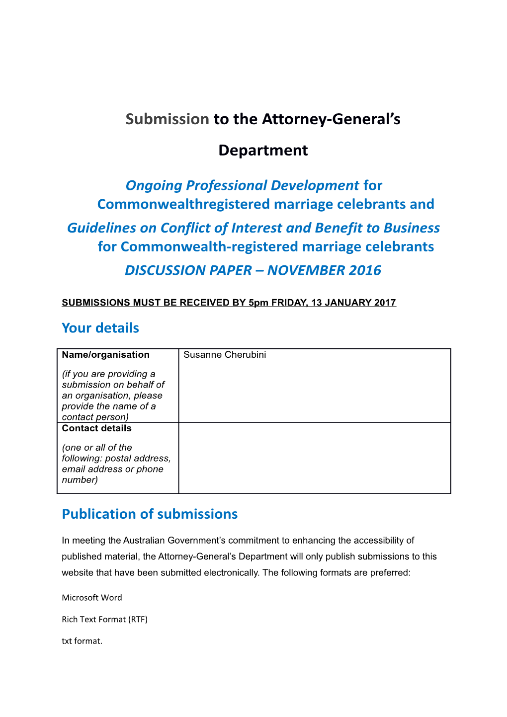 Submissions to OPD for Marriage Celebrants Consultation - Susanne Cherubini