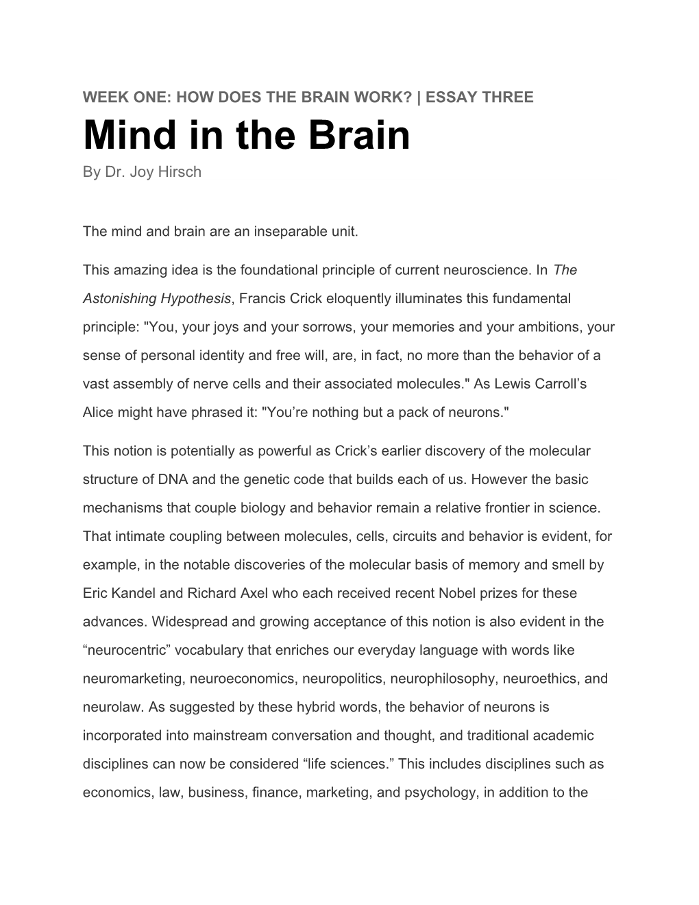 Week One:How Does the Brain Work? Essay Three