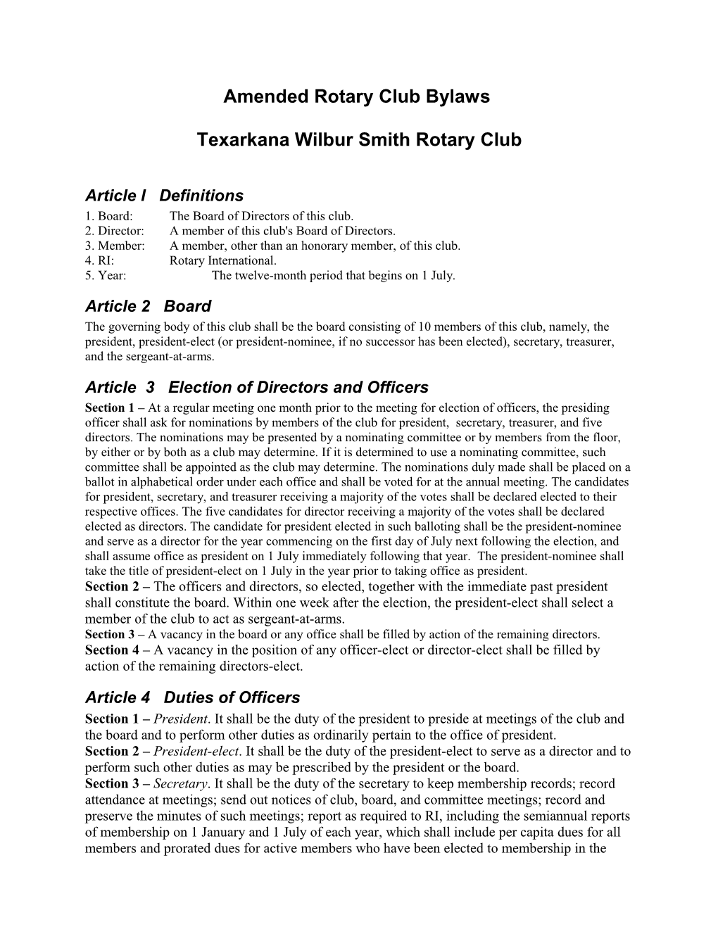 Amended Rotary Club Bylaws