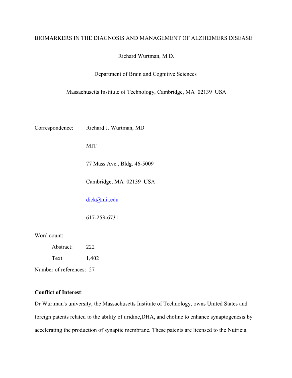 Biomarkers in the Diagnosis and Management of Alzheimers Disease