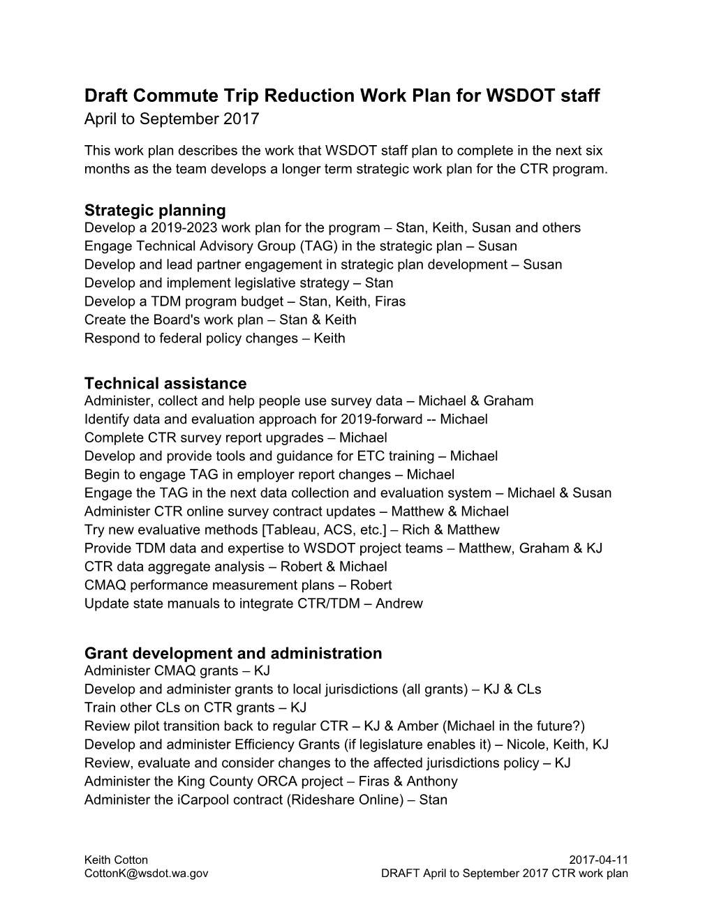 Draft Commute Trip Reduction Work Plan for WSDOT Staff