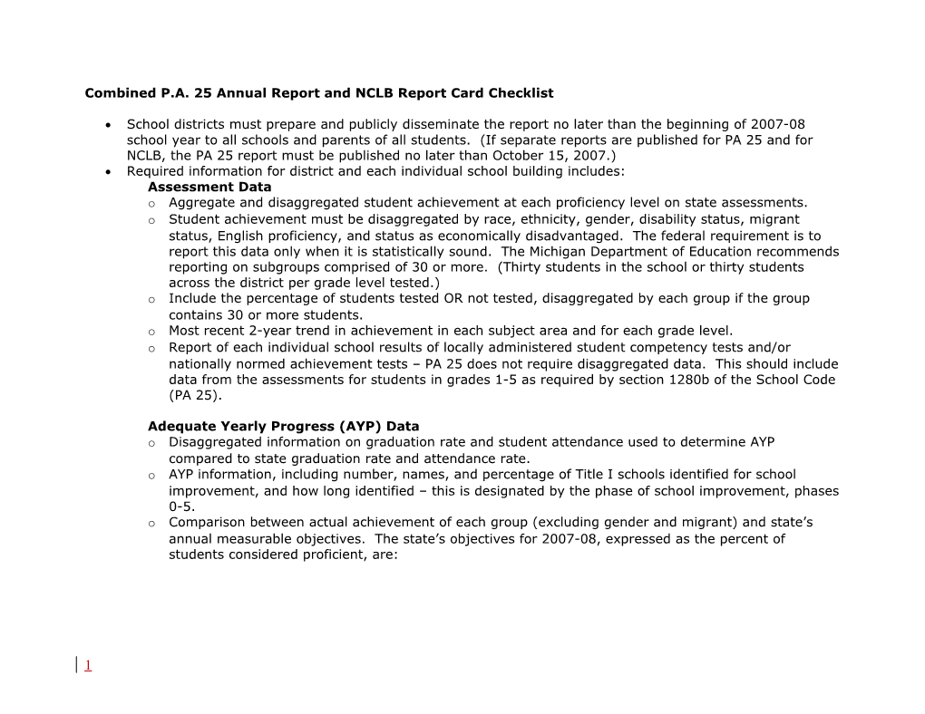 Combined P.A. 25 Annual Report and NCLB Report Card Checklist