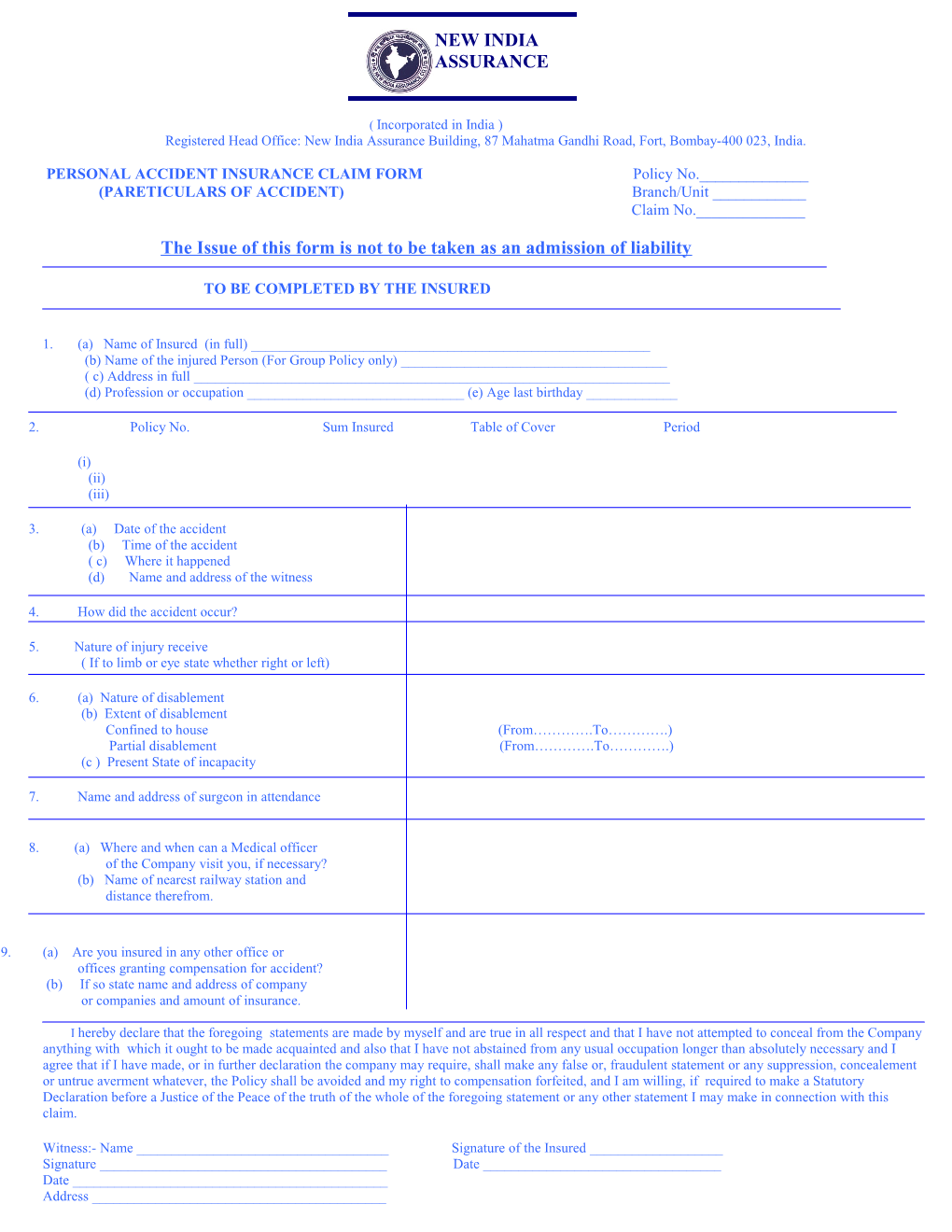 PERSONAL ACCIDENT INSURANCE CLAIM FORM Policy No.______