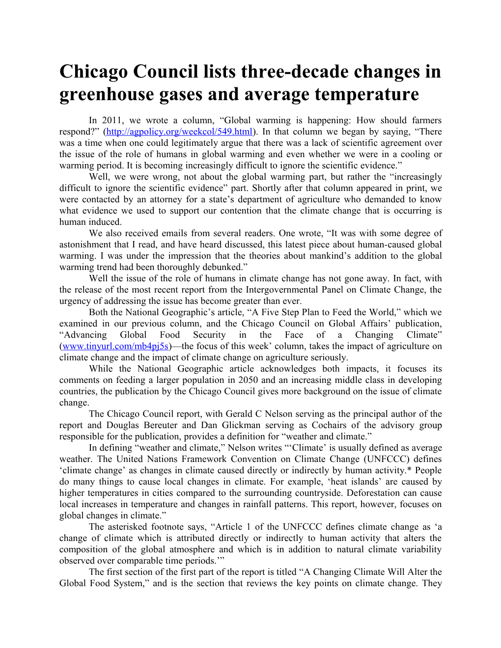 Chicago Council Lists Three-Decade Changes in Greenhouse Gases and Average Temperature