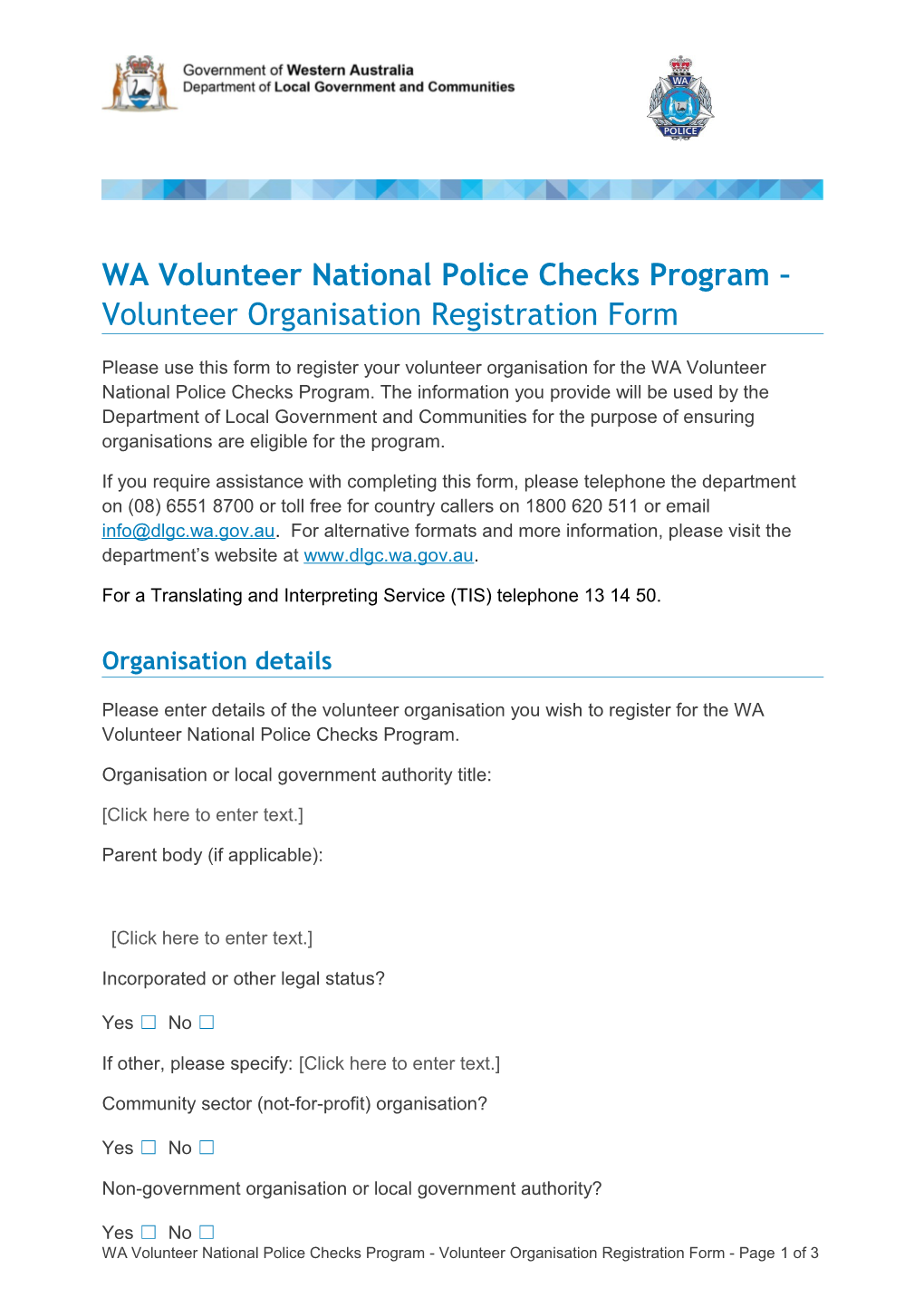 WA Volunteer National Police Checks Program - Volunteer Organisation Registration Form