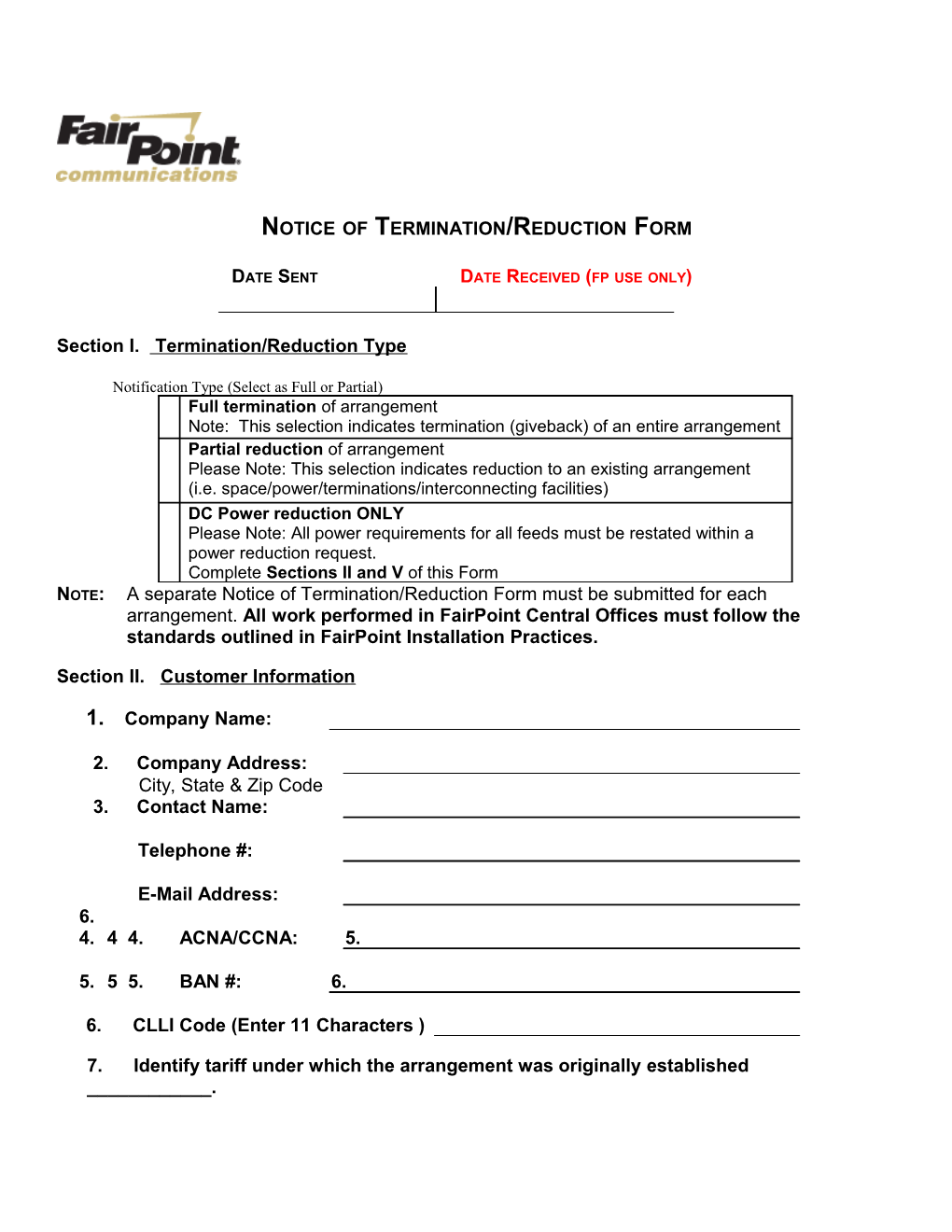Notice of Termination/Reduction Form
