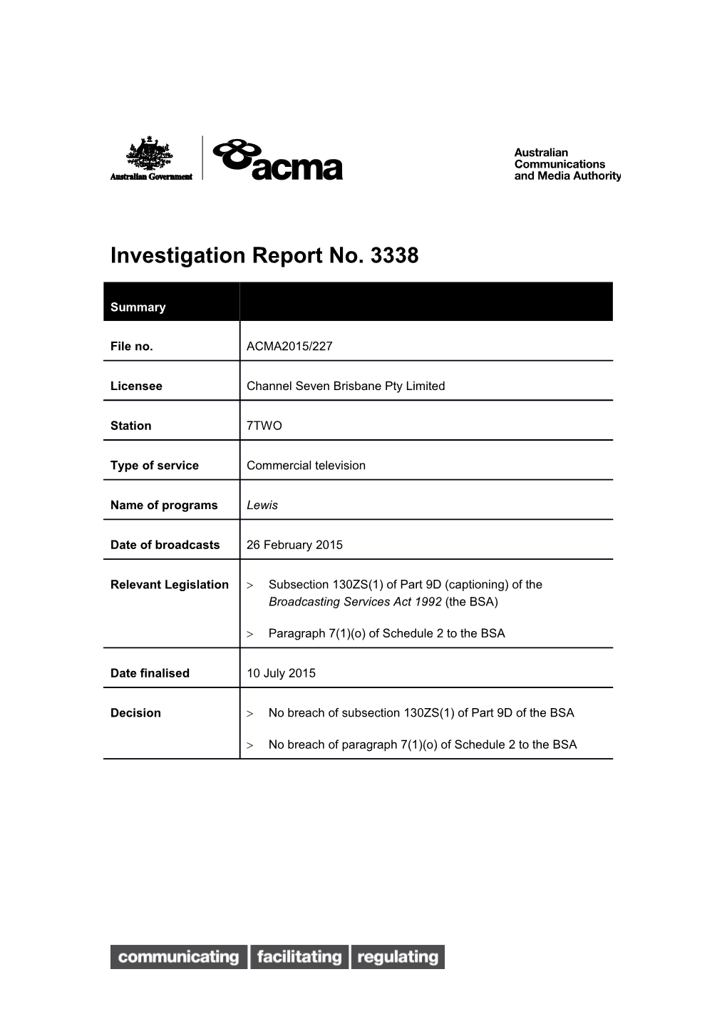 Investigation Report No. 3338