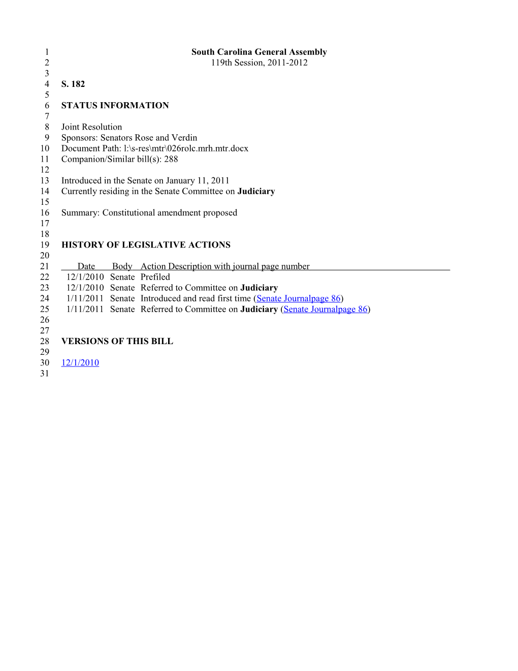 2011-2012 Bill 182: Constitutional Amendment Proposed - South Carolina Legislature Online