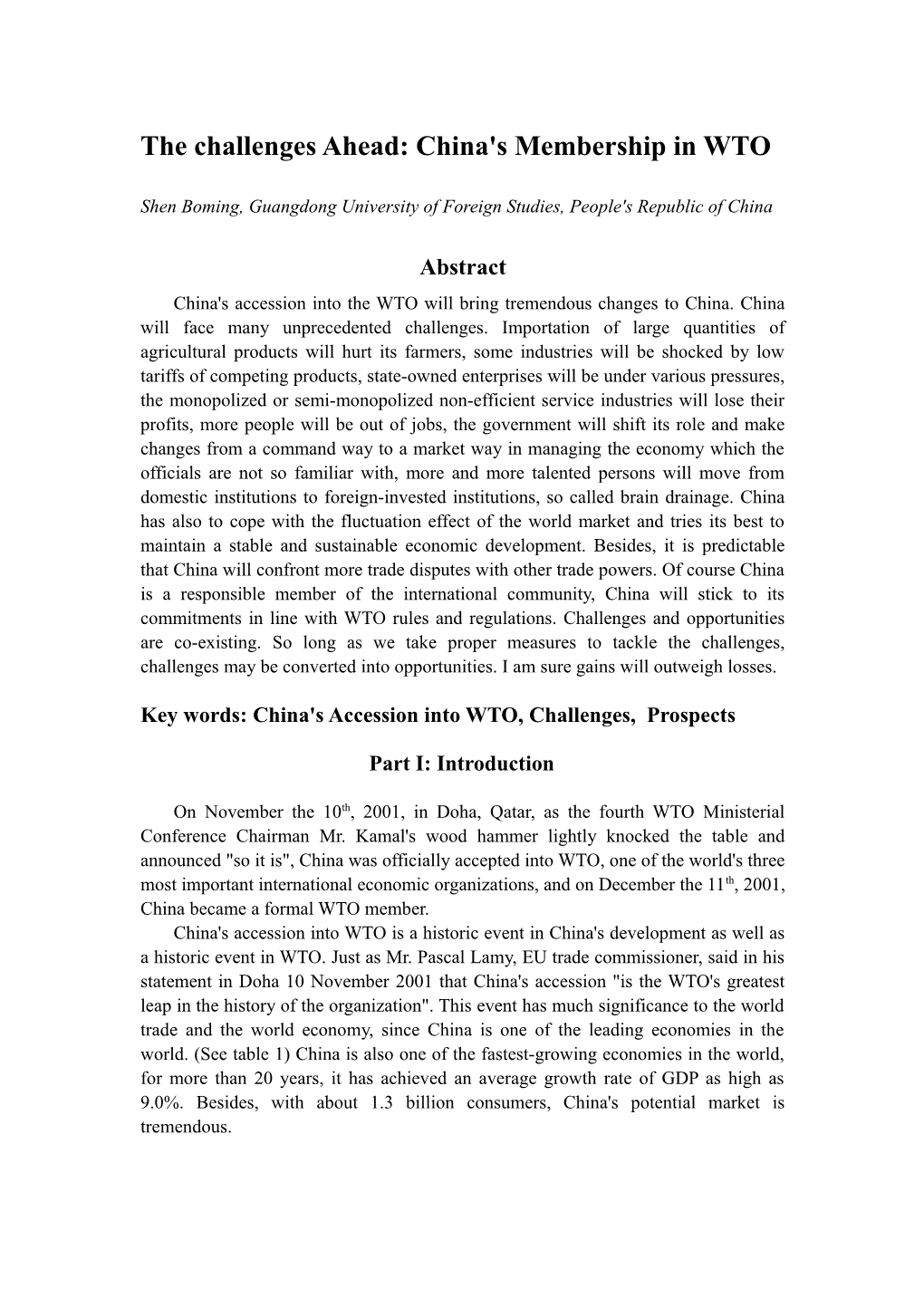 The Challenges Ahead: China's Membership in WTO