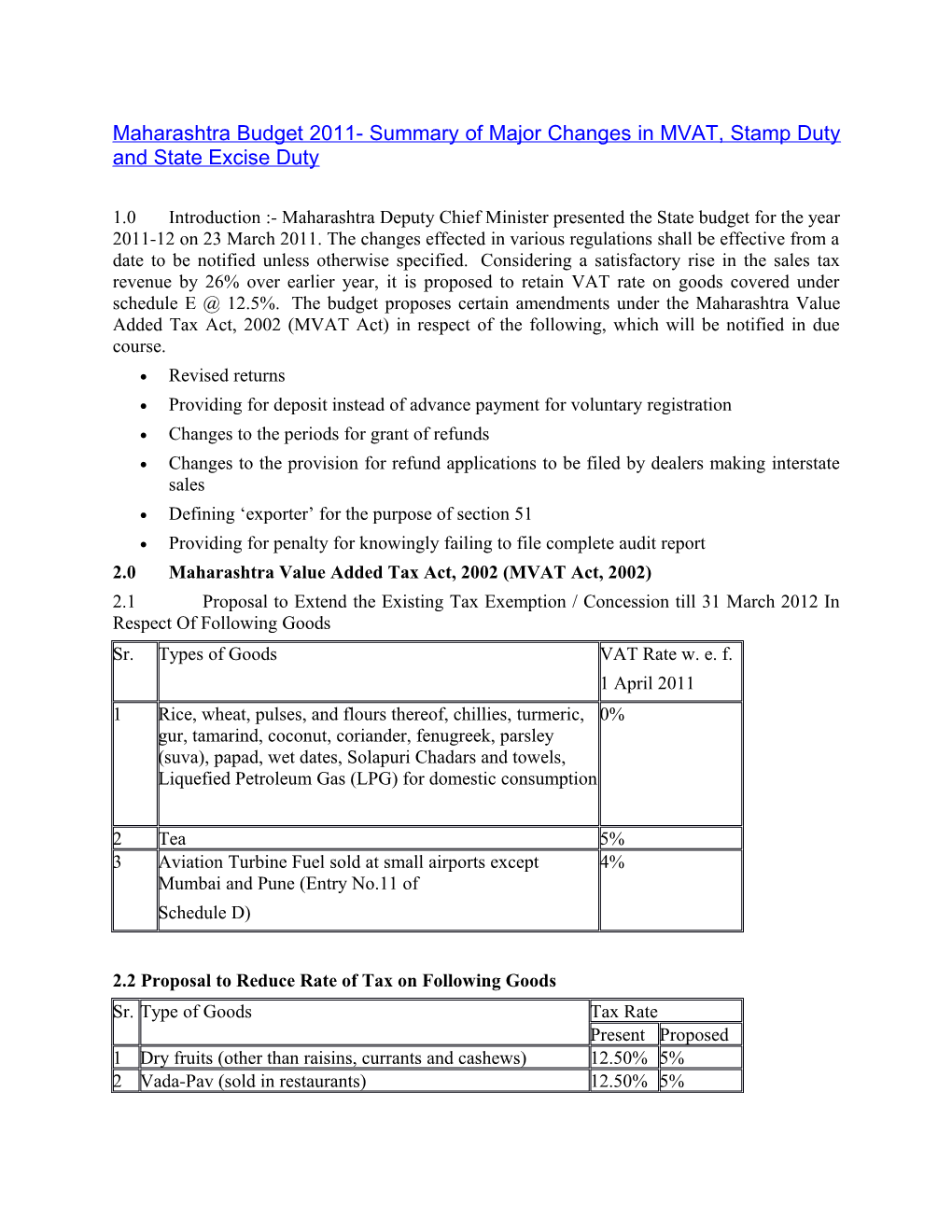 Maharashtra Budget 2011- Summary of Major Changes in MVAT, Stamp Duty and State Excise Duty